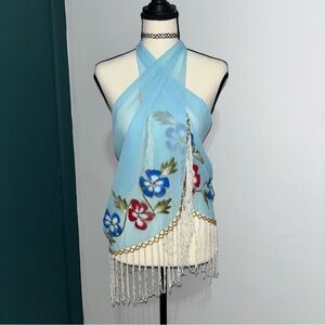 Blue Floral Fringe Beaded Scarf Wrap